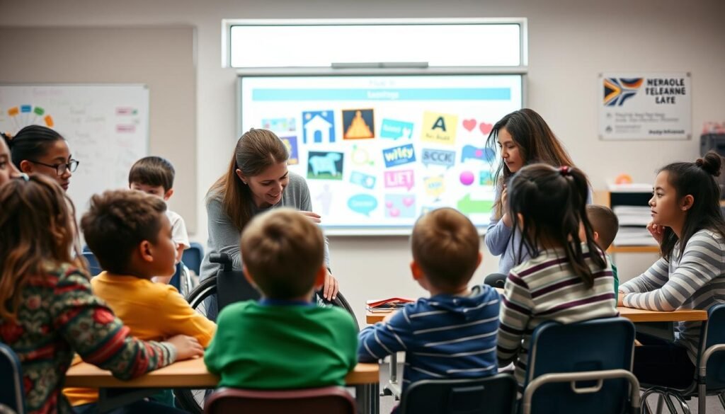 A classroom scene with an inclusive and diverse group of students and teachers collaborating on educational strategies. The foreground features a teacher guiding a student with a disability, while other students work together in small groups. The middle ground showcases a vibrant, interactive whiteboard displaying visual learning aids. In the background, a large window provides natural lighting, creating a warm and welcoming atmosphere. The overall mood is one of engagement, empowerment, and a shared commitment to inclusive educational practices.