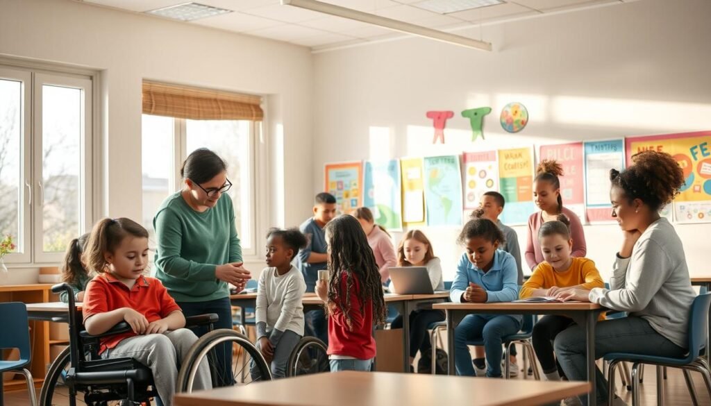 A diverse group of students of different abilities, backgrounds, and cultures gathered in a warm, inclusive classroom. Soft natural light filters through large windows, creating a calm, welcoming atmosphere. In the foreground, a teacher assists a student in a wheelchair, while others work collaboratively on projects. The middle ground showcases a mix of students engaged in various learning activities, some using assistive technologies. In the background, vibrant educational posters and artwork decorate the walls, celebrating diversity and unity. The scene radiates a sense of harmony, where every individual is valued and empowered to reach their full potential.