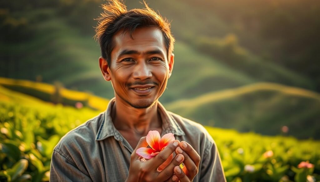 A portrait of Rayyan Arkhan, a young farmer from the Nusantara region, standing amidst his lush, verdant aura farm. The scene is bathed in warm, golden sunlight, casting a serene, natural glow over the subject. Rayyan's weathered, yet kind face is the focal point, conveyed through a medium close-up shot. His hands tenderly hold a vibrant aura flower, symbolizing the unique and sustainable agricultural practices of his community. The background showcases the rolling hills and verdant foliage characteristic of the Nusantara landscape, creating a tranquil, picturesque setting. The overall mood is one of quiet pride, reverence for nature, and the preservation of traditional farming methods.