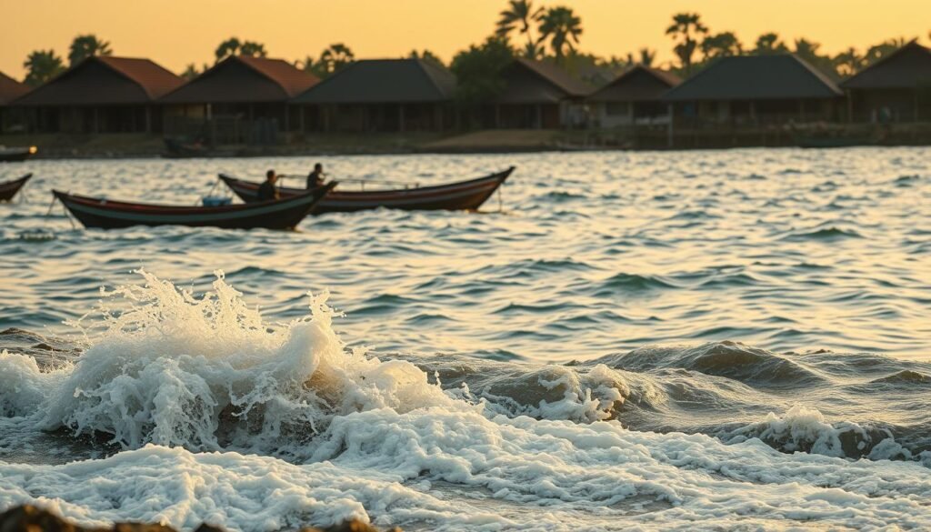 A seaside scene unfolds, capturing the "Kronologi Kejadian" (Sequence of Events). In the foreground, waves crash against a rocky shoreline, their white foam ebbing and flowing. In the middle ground, weathered fishing boats sway gently on the rippling waters, their hulls reflecting the warm hues of the setting sun. The background features a row of traditional Javanese houses, their distinctive tiled roofs and wooden facades standing as silent witnesses to the unfolding drama. The scene is bathed in a soft, golden light, creating a sense of tranquility and timelessness. The overall mood evokes a sense of historical significance, as if the viewer is privy to a pivotal moment in the region's coastal history.