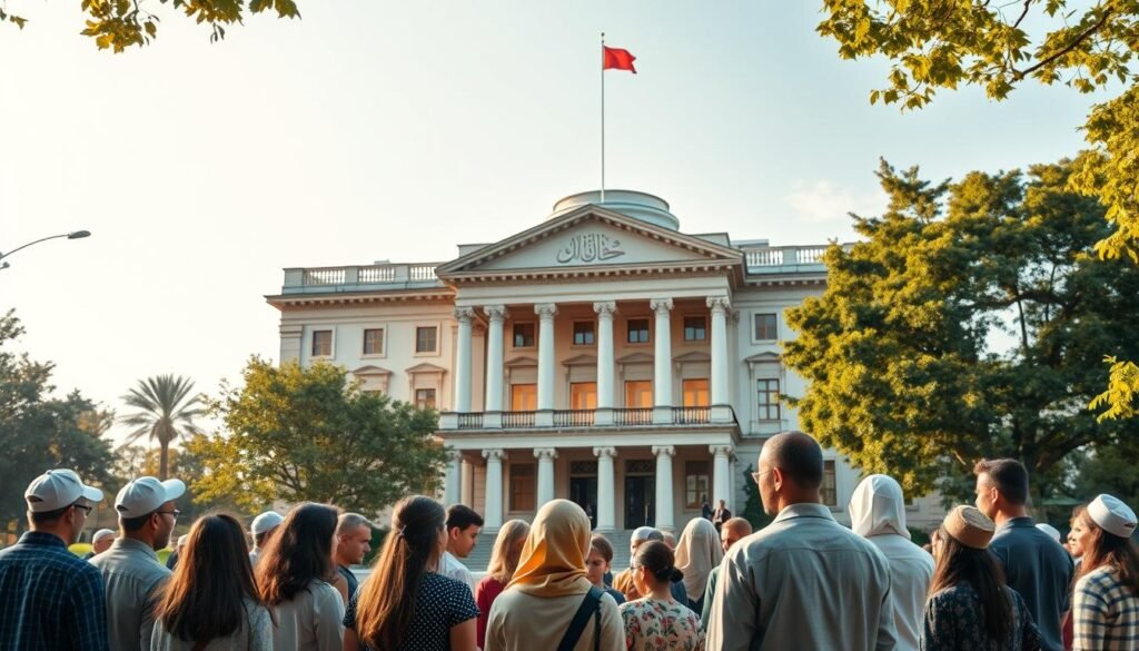 A serene governmental building set against a backdrop of lush greenery, symbolizing the harmonious integration of diverse religious practices. The structure's classic architectural design exudes an air of stability and wisdom. Warm natural lighting filters through large windows, casting a soft glow on the scene. In the foreground, a diverse group of citizens engage in thoughtful discussion, their expressions reflecting the spirit of religious moderation and understanding promoted by government policies. The overall atmosphere conveys a sense of unity, inclusivity, and the effective implementation of policies supporting religious diversity.