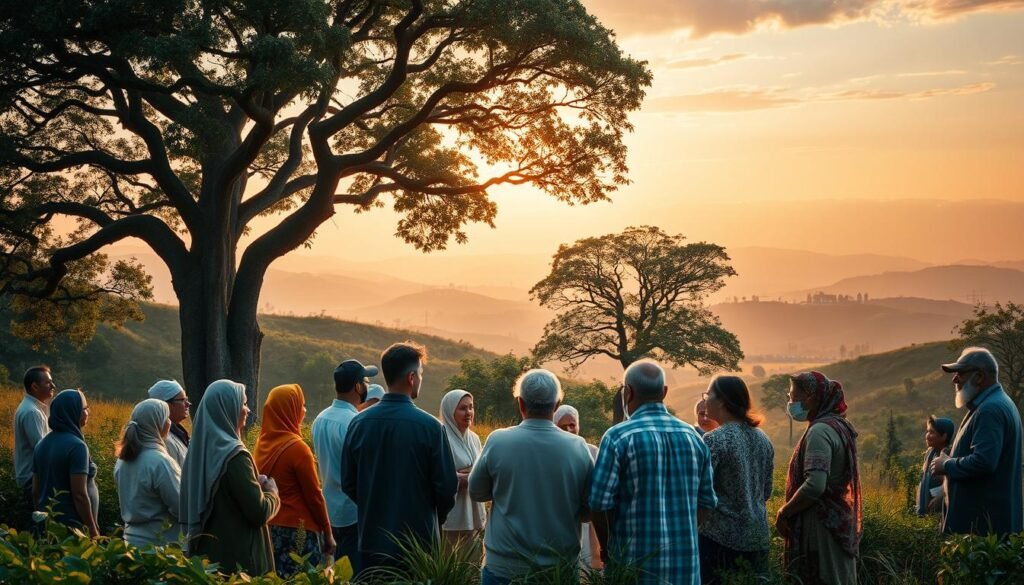 A serene landscape where diverse elements coexist in harmony. In the foreground, a group of people from different backgrounds, faiths, and cultures engage in thoughtful discussion, their expressions conveying mutual understanding. The middle ground features a towering tree, its branches reaching out to shelter and connect the individuals. In the background, rolling hills and a tranquil sky, bathed in warm, golden light, suggest a sense of balance and unity. The overall scene evokes a collaborative, integrative approach to addressing societal challenges, reflecting the concept of "pendekatan terpadu".