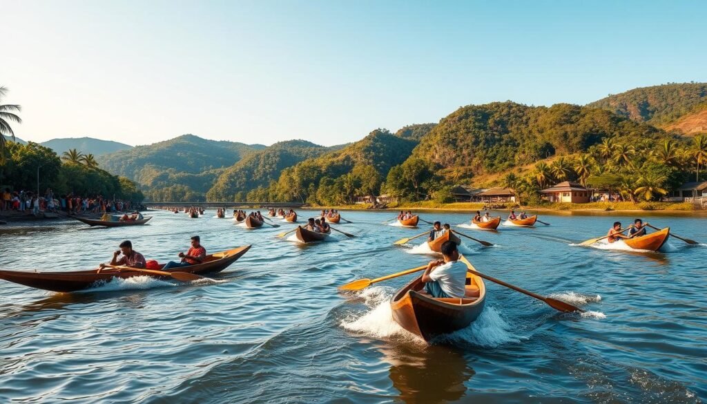 A vibrant, traditional boat race on a tranquil river in a lush, tropical landscape. In the foreground, sleek wooden boats called "Pacu Jalur" swiftly glide across the glistening water, their oarsmen paddling with synchronized precision. The middle ground reveals spectators lining the riverbanks, cheering on the racers with excitement. In the background, a backdrop of verdant hills and a clear, azure sky creates a serene, picturesque setting. Warm, golden sunlight bathes the scene, casting a soft, natural glow. The overall atmosphere evokes the rich cultural heritage and the thrill of this beloved, historic competition.