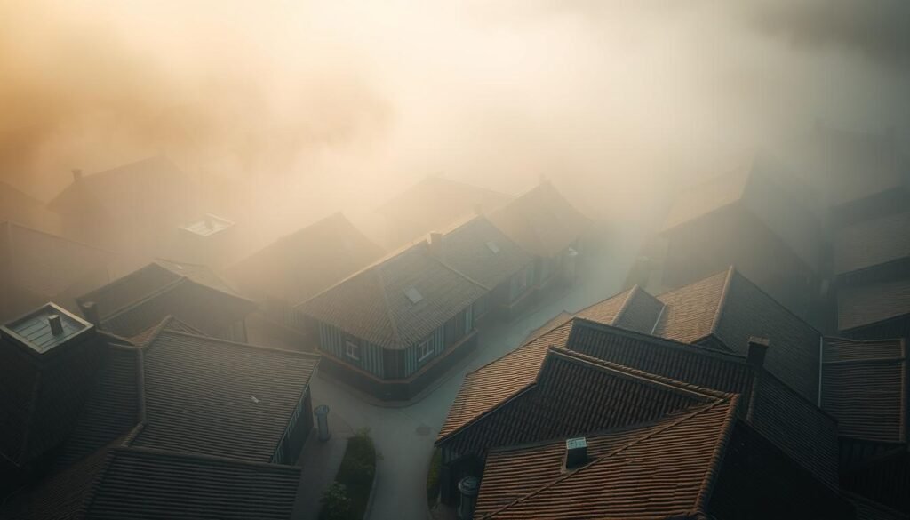 A visually captivating aerial view of a quaint Demak village, its traditional houses seemingly vanishing into the mist. The scene is bathed in a soft, ethereal light, creating an atmosphere of mystery and wonder. The camera hovers just above the rooftops, capturing the intricate details of the architecture and the tranquil, winding streets below. The background is gently blurred, drawing the viewer's attention to the central focus - the disappearing houses, as if they are being consumed by the very air around them. The overall composition evokes a sense of the uncanny, a fleeting moment suspended in time, inviting the viewer to ponder the nature of reality and the unseen forces that shape our world.