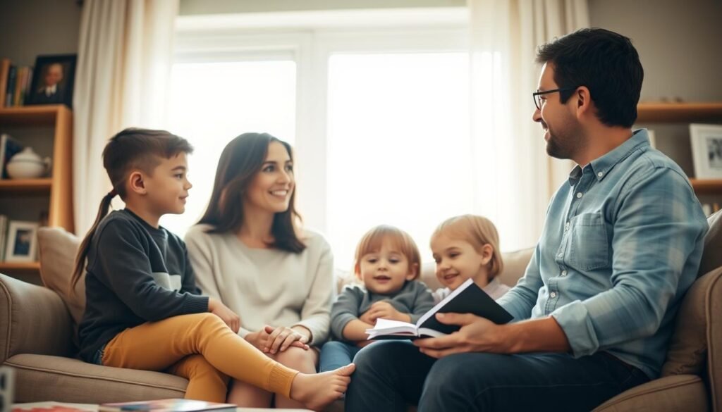 A warm, intimate family scene in a cozy living room. In the foreground, a father and mother sit together on a plush sofa, engrossed in a conversation with their two children, a son and daughter, who listen attentively. Soft, diffused lighting from a large window bathes the room in a gentle glow, creating a sense of comfort and closeness. The family's expressions convey a deep bond, suggesting their active involvement in the children's upbringing and character development. Subtle details, such as family photos and educational books, hint at the importance of education and values within this household. The overall atmosphere is one of love, guidance, and a strong commitment to nurturing the next generation.