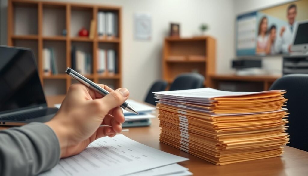 A well-lit office scene with a desk, laptop, and documents neatly arranged. In the foreground, a hand carefully reviewing scholarship application forms, a pen poised. The middle ground showcases a stack of manila folders, organized and labeled. In the background, a bookshelf and wall calendar hint at the academic environment. The lighting is soft and diffused, creating a focused, professional atmosphere. The overall composition conveys a sense of diligence and attention to detail in the scholarship application process.