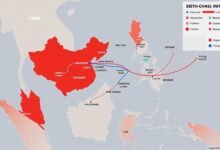 Peta Belt and Road Initiative Cina di Asia Tenggara menunjukkan jalur perdagangan dan proyek infrastruktur utama