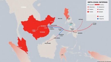 Peta Belt and Road Initiative Cina di Asia Tenggara menunjukkan jalur perdagangan dan proyek infrastruktur utama