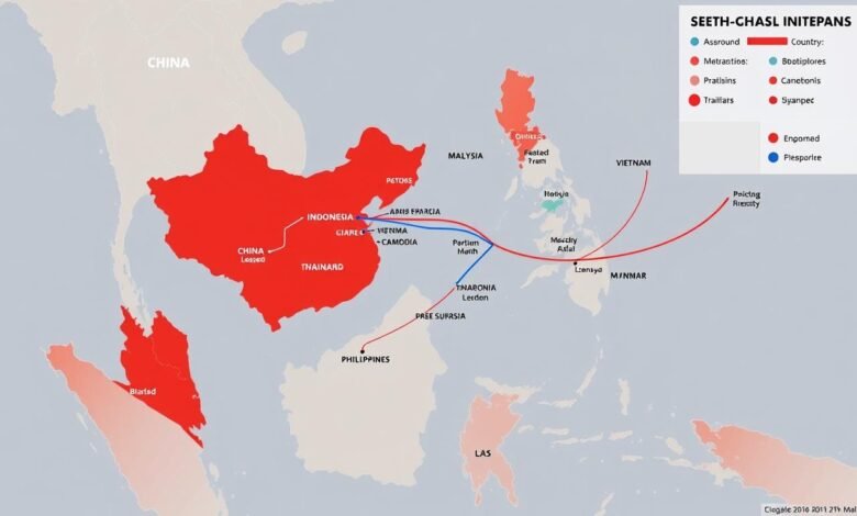Peta Belt and Road Initiative Cina di Asia Tenggara menunjukkan jalur perdagangan dan proyek infrastruktur utama