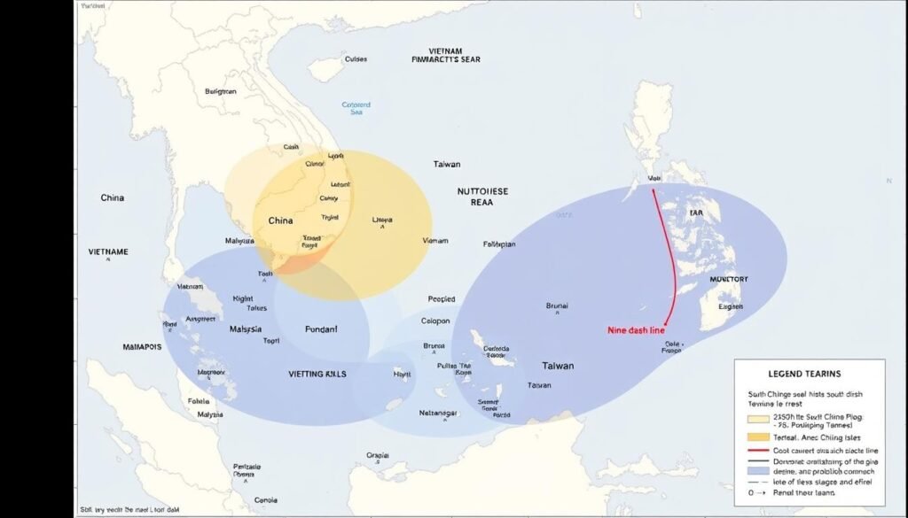 Peta sengketa Laut China Selatan menunjukkan klaim teritorial yang tumpang tindih Peta sengketa Laut China Selatan menunjukkan klaim teritorial yang tumpang tindih