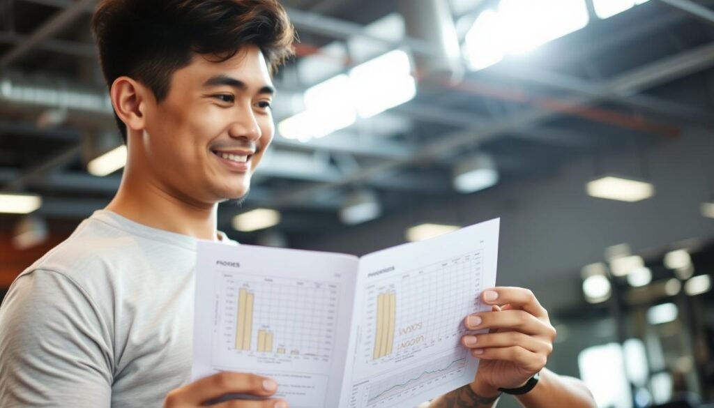 Seseorang melihat catatan progres latihan dengan ekspresi puas, menunjukkan keberhasilan evaluasi progres latihan