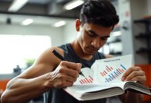 Seseorang mencatat progres latihan di buku jurnal dengan grafik perkembangan