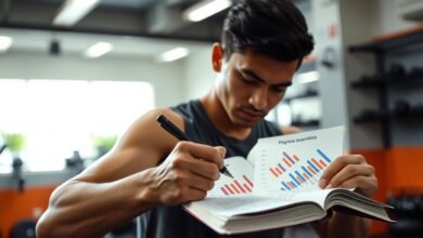 Seseorang mencatat progres latihan di buku jurnal dengan grafik perkembangan