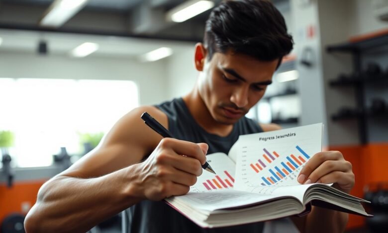 Seseorang mencatat progres latihan di buku jurnal dengan grafik perkembangan
