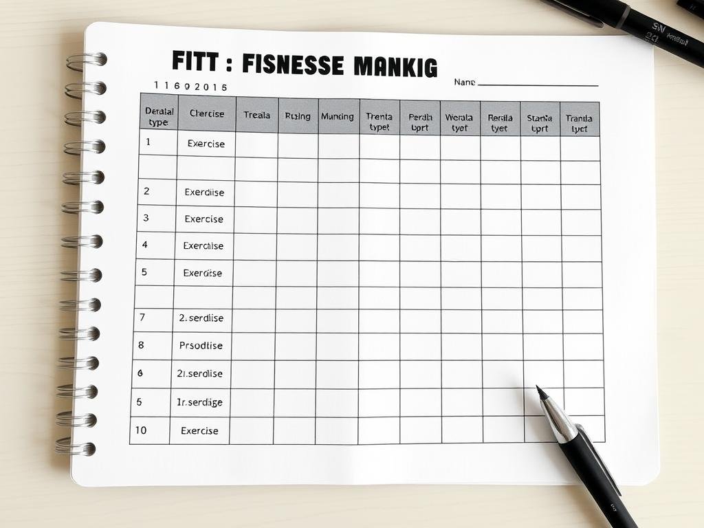 Template pencatatan latihan dengan kolom tanggal, jenis latihan, repetisi, dan catatan