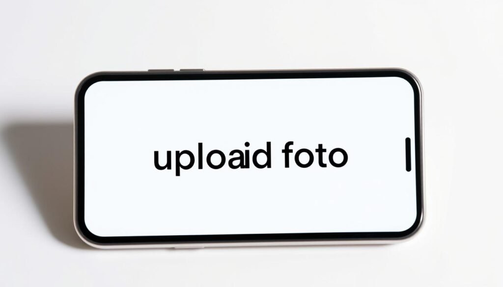 A high-quality, well-lit photograph of a smartphone screen displaying the "upload foto" text in a clean, minimalistic user interface. The screen is set against a plain white or light gray background, giving it a professional, ecommerce-inspired look. The image should convey a sense of simplicity, ease of use, and visual appeal to encourage the viewer to upload their own photos. The smartphone is positioned at a slight angle, allowing the screen to be the focal point while maintaining a natural, balanced composition. The lighting is soft and diffused, creating an inviting and visually engaging image.