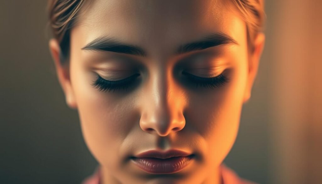 A serene, close-up portrait showcasing a person's face, their expression reflecting a deep sense of inner peace and connection. The subject's eyes are gently closed, their features softened by a warm, diffused lighting that emanates a soothing, almost spiritual ambiance. The background is blurred, creating a sense of focus and intimacy, emphasizing the subject's tranquil state of being. The image conveys a profound sense of Ikhlas, a sincere and selfless devotion that acts as the key to forging meaningful connections with others.