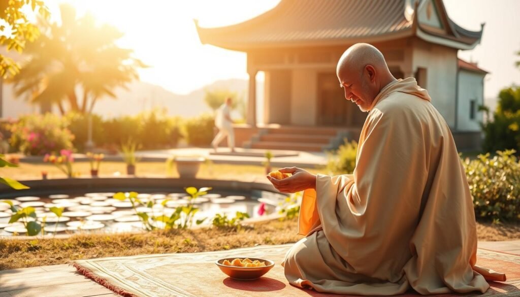 A serene, sun-drenched scene of a person engaged in acts of charity and selflessness. In the foreground, a figure in modest, flowing robes kneels on a prayer mat, offering a portion of their modest meal to a person in need. Their face radiates a sense of inner peace and contentment, conveying the spirit of sincere, unwavering dedication to helping others. The middle ground features a lush, verdant garden with vibrant flowers and a tranquil pond, creating a calming, contemplative atmosphere. In the background, a simple, traditional structure with intricate architectural details suggests a place of spiritual significance. Warm, diffused natural lighting bathes the entire scene, imbuing it with a sense of serenity and timelessness.
