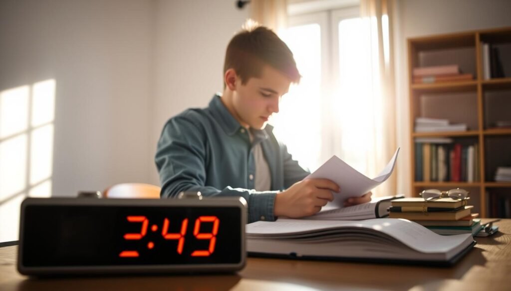 A student seated at a desk, intently studying notes and textbooks, the afternoon sun streaming through the window, casting a warm glow on the scene. In the foreground, a digital clock display shows the time, a subtle reminder of the ticking clock. The background features a minimalist, uncluttered study space, with shelves of books and a sense of focus and determination. The lighting is soft and natural, creating a contemplative atmosphere as the student prepares for their final exams. A student seated at a desk, intently studying notes and textbooks, the afternoon sun streaming through the window, casting a warm glow on the scene. In the foreground, a digital clock display shows the time, a subtle reminder of the ticking clock. The background features a minimalist, uncluttered study space, with shelves of books and a sense of focus and determination. The lighting is soft and natural, creating a contemplative atmosphere as the student prepares for their final exams.