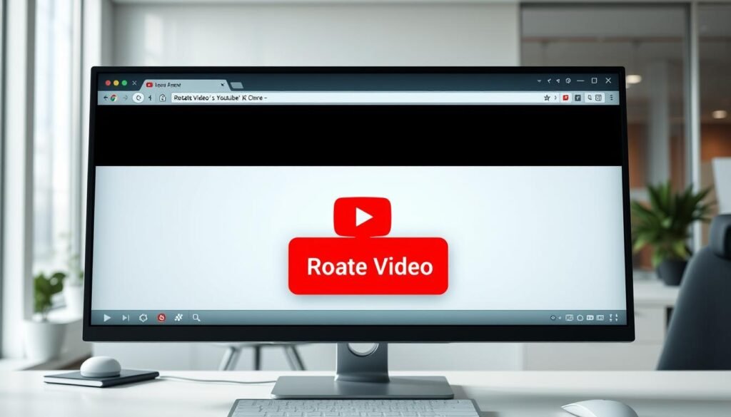 A desktop computer screen displaying a YouTube video player interface, with a prominent "Rotate Video" button or control prominently featured. The video player should be shown in a well-lit, modern office setting, with subtle hints of the Chrome browser UI elements in the background. The overall mood should be clean, professional, and focused on the task of rotating a video on a desktop computer. The image should convey a sense of efficiency and practical utility, reflecting the subject of the article section.