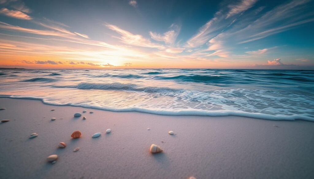 A serene and captivating live ocean wallpaper, featuring gentle waves lapping against the shore, creating a calming ambiance. In the foreground, delicate seashells and smooth pebbles are scattered on soft, white sand, inviting viewers to imagine a tranquil beach experience. The middle ground showcases the rhythmic movement of the deep blue ocean, with sunlit reflections dancing on the surface, evoking a sense of peace. In the background, a vibrant sky transitions from golden sunset hues to deep twilight blues, with wispy clouds and soft, diffused lighting that adds to the atmosphere. Capture this enchanting scene with a wide-angle lens perspective to emphasize depth and expansiveness, creating a mood that is peaceful, inviting, and battery-saving in nature.