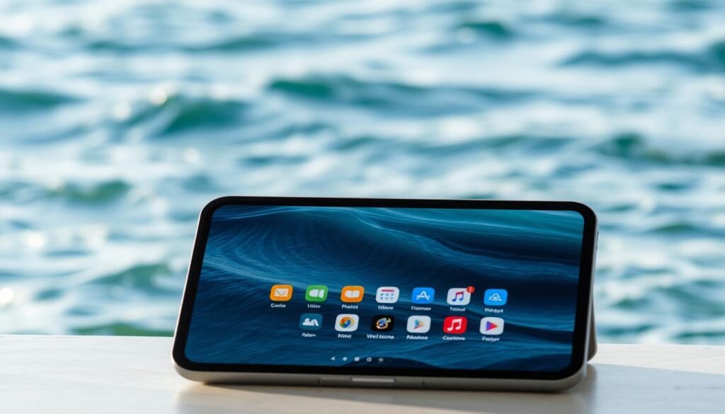 A sleek and modern AI search platform interface displayed on a high-resolution Apple device, set against a serene background featuring gentle ocean waves. In the foreground, the device shows a user-friendly search bar filled with vibrant, interactive icons symbolizing various web search features. The middle layer incorporates a smooth gradient of ocean blues and greens, reflecting the dynamic "Live Ocean" wallpaper. The background is softly blurred to emphasize the device and its interface, with soft natural lighting creating a calm, inviting atmosphere. The scene is viewed at a slight angle, capturing the device's screen and an impression of depth.