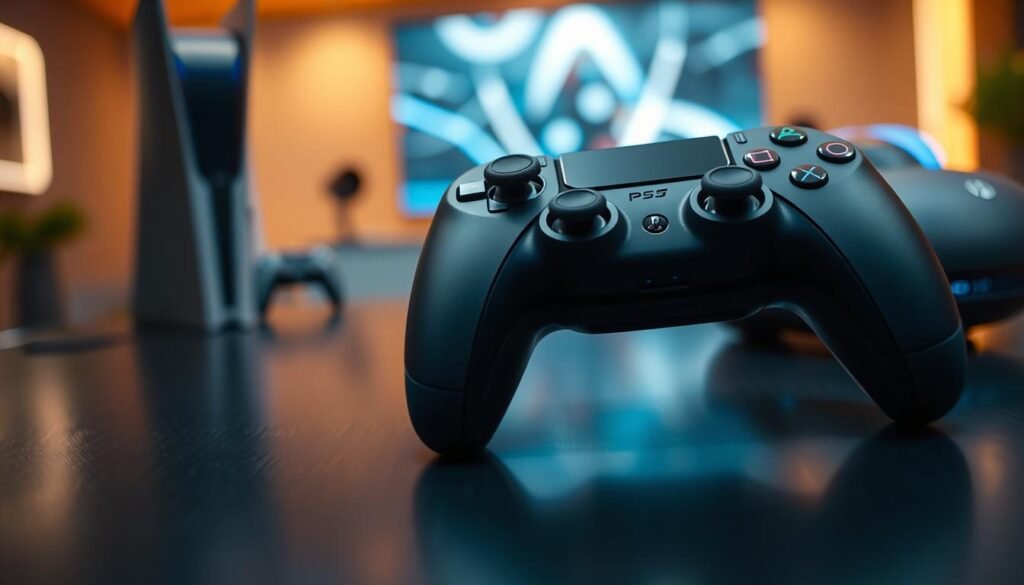 A close-up view of a DualSense PS5 controller resting on a sleek, modern gaming table. The controller is positioned slightly angled to showcase its unique features: textured grip, adaptive triggers, and built-in microphone. Soft ambient lighting creates a warm and inviting atmosphere, enhancing the controller’s futuristic design. In the background, blurred high-tech gaming accessories like a PS5 console and VR headset softly blend into the scene, alluding to the broader gaming ecosystem without overpowering the focus on the controller. The image is shot from an eye-level perspective using a shallow depth of field, evoking a sense of immersion for the viewer, conveying a modern gaming lifestyle. A close-up view of a DualSense PS5 controller resting on a sleek, modern gaming table. The controller is positioned slightly angled to showcase its unique features: textured grip, adaptive triggers, and built-in microphone. Soft ambient lighting creates a warm and inviting atmosphere, enhancing the controller’s futuristic design. In the background, blurred high-tech gaming accessories like a PS5 console and VR headset softly blend into the scene, alluding to the broader gaming ecosystem without overpowering the focus on the controller. The image is shot from an eye-level perspective using a shallow depth of field, evoking a sense of immersion for the viewer, conveying a modern gaming lifestyle.
