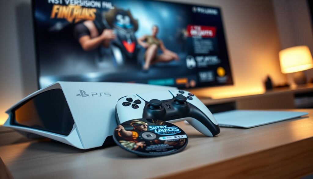 A close-up view of a PlayStation 5 disc version, prominently displayed on a sleek, modern gaming setup. The console is sleek and futuristic with its signature white and black design, showcasing the disc drive subtly. In the foreground, a game disc is placed next to the console, with detailed artwork visible on the surface, hinting at high-quality graphics. The middle ground features a stylish gaming controller in a matching color scheme, reflecting dim ambient lighting that creates a cozy gaming atmosphere. In the background, a softly illuminated screen displays an engaging game interface, further emphasizing the console's capabilities. The overall mood is one of excitement and anticipation, perfect for gamers eager to explore the differences in hardware versions. Shot with a shallow depth of field to create a polished, professional look. A close-up view of a PlayStation 5 disc version, prominently displayed on a sleek, modern gaming setup. The console is sleek and futuristic with its signature white and black design, showcasing the disc drive subtly. In the foreground, a game disc is placed next to the console, with detailed artwork visible on the surface, hinting at high-quality graphics. The middle ground features a stylish gaming controller in a matching color scheme, reflecting dim ambient lighting that creates a cozy gaming atmosphere. In the background, a softly illuminated screen displays an engaging game interface, further emphasizing the console's capabilities. The overall mood is one of excitement and anticipation, perfect for gamers eager to explore the differences in hardware versions. Shot with a shallow depth of field to create a polished, professional look.