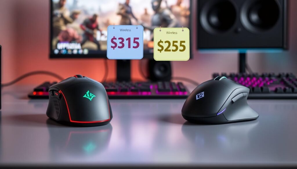 A comparison of wired and wireless gaming mice displayed on a sleek, modern desk. In the foreground, two gaming mice sit side by side, one being a high-tech wireless model and the other a wired version, showcasing their design differences. The middle ground features a price tag hovering above each mouse, with vibrant colors to symbolize their price values, emphasizing affordability and value. The background presents a blurred gaming setup, including a monitor displaying a popular game and a keyboard, providing context but not distracting from the main subject. Soft, warm lighting enhances the mood, suggesting a sophisticated and tech-savvy environment. The camera angle is slightly above eye level, allowing a clear view of the mice and pricing features.