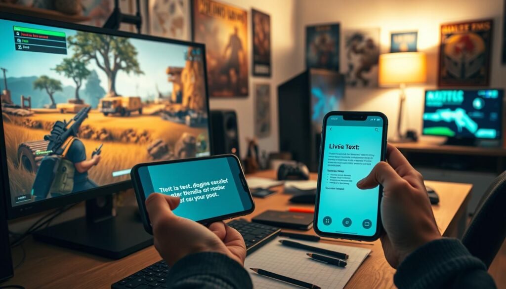 A digital artist's workspace focused on transcribing NPC dialogue using Live Text technology in a video game setting. In the foreground, a computer screen displays a vibrant gameplay scene with clear character dialogues highlighted for transcription. There is a close-up of a hand using a smartphone, showcasing the Live Text feature recognizing and transcribing text from the screen. In the middle ground, various gaming-related tools and sketches are scattered on a neat desk. The background features a softly lit room with gaming posters and a hint of a gaming console setup, creating a cozy yet productive atmosphere. The overall mood is focused and innovative, highlighting the intersection of gaming and technology. Use warm lighting to enhance a creative yet professional environment, with a depth of field effect to emphasize the foreground activities.