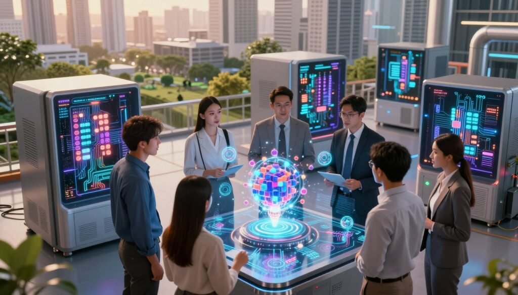 A futuristic industrial setting showcasing advanced quantum computing technology in Indonesia. In the foreground, a diverse group of professionals in smart business attire engaged in collaboration over a holographic display of quantum algorithms, with vibrant, glowing qubits swirling around them. The middle ground features sleek quantum computers with intricate circuitry and glowing elements, illustrating the complexity of the technology. In the background, a modern city skyline with green spaces symbolizes the integration of quantum computing into urban life. Soft, ambient lighting casts a warm glow over the scene, creating an optimistic and innovative atmosphere. The angle is slightly elevated, providing a comprehensive view of both the human interaction and the cutting-edge technology at play.