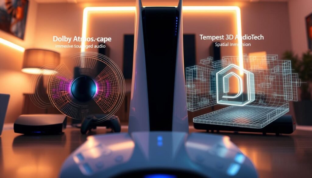 A high-tech comparison scene illustrating PS5 audio technologies, featuring a sleek PS5 console prominently in the foreground, adorned with dynamic light reflections. On one side, visually represent the immersive soundscape of Dolby Atmos with vibrant sound waves emanating from elegant speakers, showcasing multi-dimensional audio. On the opposite side, depict the Tempest 3D AudioTech, illustrated through intricate 3D sound graphics to convey spatial audio immersion. The background should create a cozy gaming environment, softly lit with ambient neon lighting to create a modern, dynamic atmosphere. Use a slight wide-angle perspective to capture the full view of the audio technologies, ensuring the composition feels balanced yet lively.