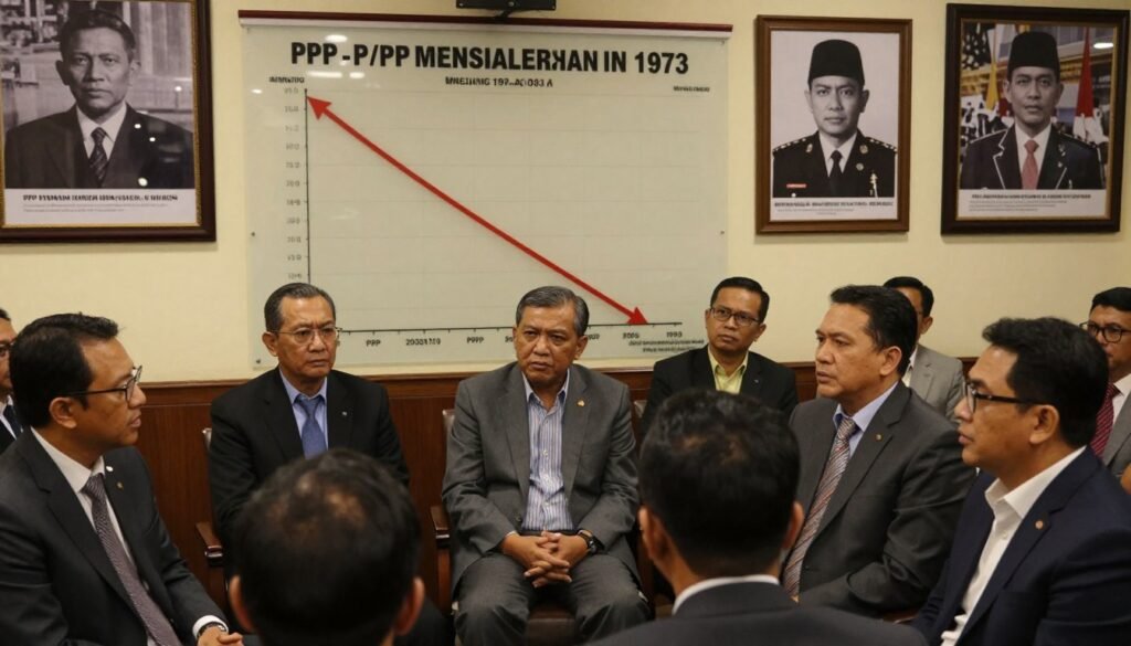 A political meeting room set against a historical backdrop, showcasing the significance of the Indonesian political party PPP. In the foreground, a group of diverse professionals in business attire, engaged in serious discussion, with expressions of concern and determination. The middle ground features a large transparent chart displaying the declining voice of PPP in elections, visually emphasizing their absence from Senayan since 1973. The background includes framed images of significant moments in PPP's history, adding depth to the narrative. The lighting is soft and focused, with warm tones, creating a reflective yet somber mood. The angle is slightly from above, capturing both the group dynamics and the historical context effectively. The atmosphere should evoke a sense of urgency and introspection.