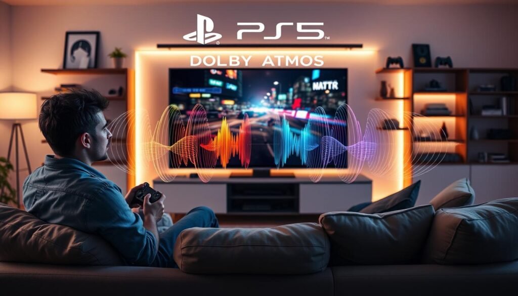 A sleek and modern living room featuring a PlayStation 5 console showcasing Dolby Atmos gaming experience. In the foreground, a gamer with focused expression is sitting comfortably on a stylish sofa, wearing casual clothing while holding a controller, immersed in a vibrant game scene projected onto a large flat-screen TV. The middle of the image highlights the sound wave visuals emanating from the TV, illustrating the immersive audio aspect of Dolby Atmos, with dynamic colors representing sound clarity. The background includes shelves adorned with gaming memorabilia and soft ambient lighting to create a cozy and inviting atmosphere. The overall mood is energetic and exciting, capturing the thrill of gaming at home with cutting-edge sound technology.