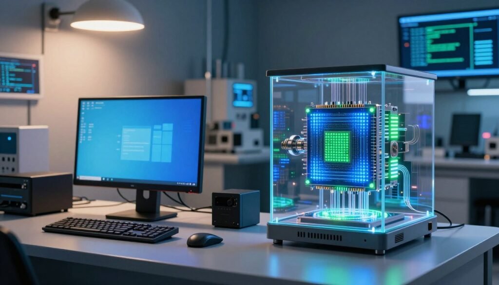 A split-screen comparison of classic and quantum computers. On the left, a traditional computer setup featuring a sleek desktop with a vibrant LCD monitor, keyboard, and various peripherals, illuminated by soft overhead lighting that creates a warm, focused atmosphere. On the right, a futuristic quantum computer with a transparent casing showcasing intricate qubit arrangements, glowing softly with neon blue and green lights, set against a high-tech laboratory backdrop. The background features sleek, modern laboratory equipment and digital screens displaying quantum algorithms. The scene is captured from a slightly elevated angle, emphasizing the contrast between the two technologies while maintaining a clean, professional aesthetic. The overall mood conveys innovation, progress, and the future of computing.