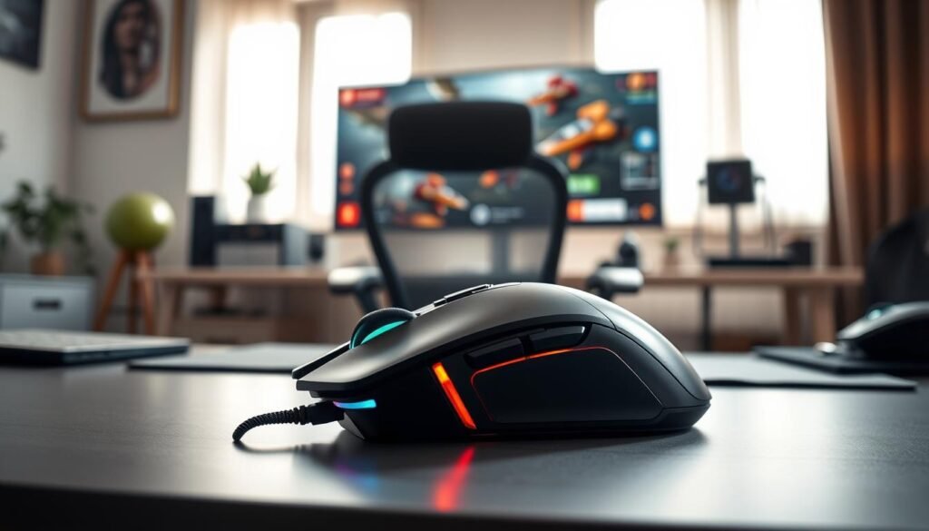 A stylish gaming setup in a modern home office featuring a wireless gaming mouse and a traditional wired mouse on a sleek desk. In the foreground, the wireless mouse is elegantly designed with LED lighting, showcasing its mobility. In the middle ground, the wired mouse is neatly placed with a clean mousepad, emphasizing practicality. Behind, a softly blurred background reveals a comfortable ergonomic chair and a large gaming monitor displaying vibrant game graphics. Soft, natural lighting filters through a nearby window, casting a warm glow, creating an inviting atmosphere. The overall mood conveys ease of use and comfort, illustrating the benefits of both mouse types in a visually appealing manner. Capture the image from a slightly elevated angle for a dynamic perspective.