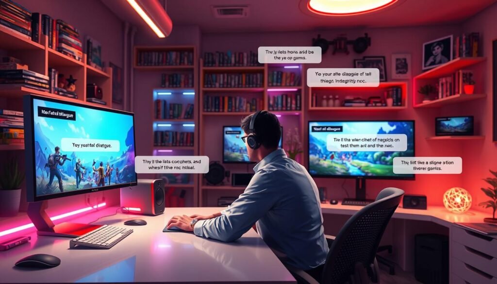 A vibrant digital art scene showcasing the integration of transcription into gaming content. In the foreground, a gamer wearing professional attire sits at a sleek, modern desk, focused on a computer screen displaying lines of animated dialogue from NPCs. The middle ground features vivid game graphics with colorful characters and rich, dynamic environments, while floating text bubbles represent transcribed dialogue. In the background, a cozy gaming room filled with shelves of game boxes, LED lights, and a wall-mounted screen showcasing gameplay footage. Soft overhead lighting casts a warm glow, creating an engaging atmosphere that invites creativity and productivity. The composition is captured from a slightly elevated angle, emphasizing the blend of technology and gaming content creation.