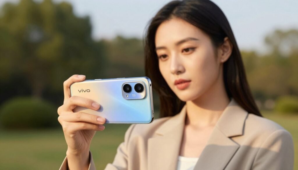 A Vivo V30 Series smartphone prominently displayed in the foreground, showcasing its sleek and elegant design. Capture the device angled slightly to highlight the camera details. In the middle ground, a professional portrait of a model, dressed in stylish, modest business attire, is taken with the Vivo V30, emphasizing skin tones and facial features with excellent clarity. The background is softly blurred, featuring an outdoor setting with gentle greenery, creating a serene atmosphere. The lighting is warm and natural, simulating late afternoon sunlight. The composition should suggest premium portrait photography capabilities, making it clear that the focus is on capturing stunning details and vibrant colors.