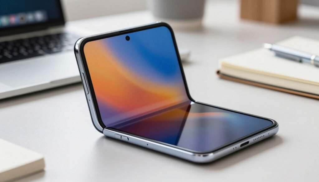 A close-up view of a foldable smartphone display, prominently showcasing the cover screen designed for everyday use. The device is elegantly displayed on a stylish desk with a blurred office background, emphasizing its sleek and modern design. Soft, natural lighting illuminates the smartphone, highlighting its vibrant display and smooth edges. The angle of the shot is slightly from above, giving a perspective that accentuates both the cover screen and the overall device craftsmanship. Nearby, a professional-looking laptop and a notepad can be seen, suggesting a busy work environment. The atmosphere is one of efficiency and modernity, illustrating the multitasking capabilities of the device.