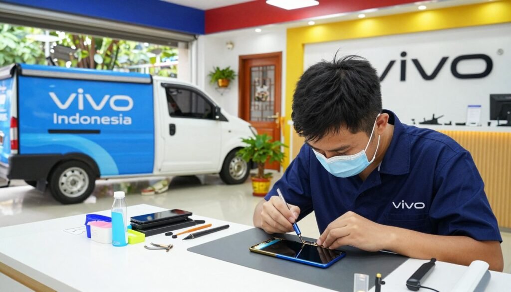 A modern smartphone repair service scene showcasing the "Vivo Indonesia" logo prominently, featuring a technician in professional attire carefully repairing a Vivo V30 smartphone. In the foreground, the technician is focused on a smartphone display, with tools and parts neatly arranged around them. The middle ground includes a branded Vivo Indonesia delivery vehicle parked outside the service center, with an inviting wooden door and plants in decorative pots. The background features a well-lit tech repair shop with vibrant colors, emphasizing cleanliness and professionalism. Soft natural lighting filters through the window, creating a welcoming atmosphere. The entire image conveys a sense of reliability, quality service, and attention to detail in smartphone repairs.