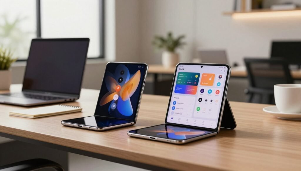 A sleek, modern workspace featuring a Samsung Z Fold6 and an OPPO Find N5 smartphone, both opened to showcase their multitasking capabilities. In the foreground, the smartphones display vibrant, dynamic app layouts, with split-screen views highlighting productivity tools. The middle ground features a stylish desk with a laptop, notepad, and a coffee cup, representing a business setting. The background features a softly lit office space with contemporary decor and large windows allowing natural light to flood in, creating an inviting atmosphere. The image possesses a warm, professional mood, emphasizing innovation and efficiency in multitasking. Use a shallow depth of field to focus on the smartphones while softly blurring the surrounding elements.